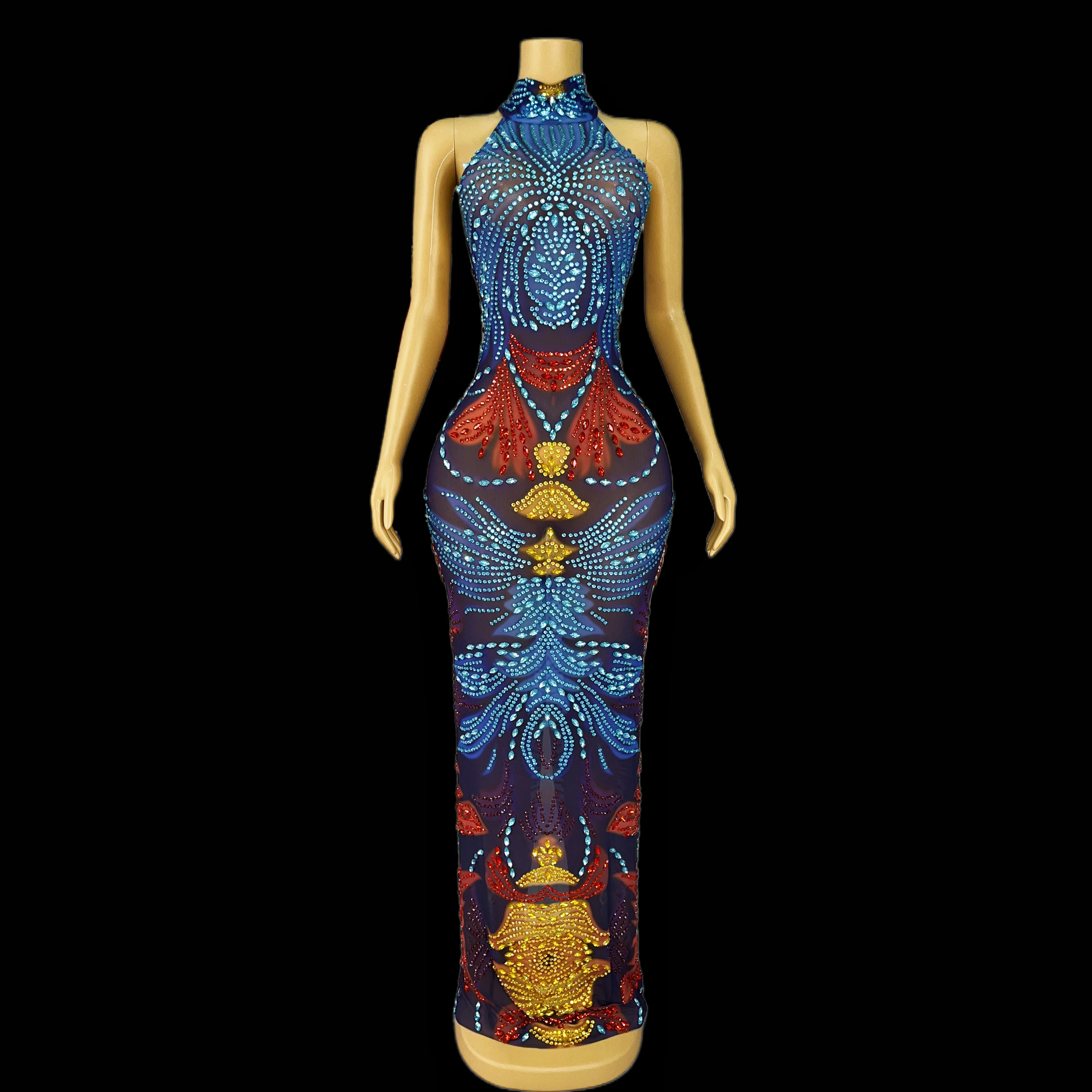 

Extra shiny rhinestone sleeveless mesh dress ladies party party birthday celebration costume red carpet dress Sanchaji