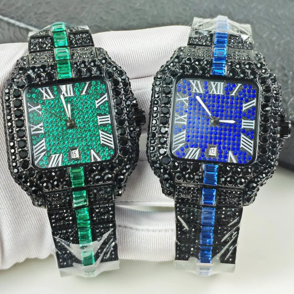 

UNIGUET Cool Black Ice Watch For Man Luxury Square Quartz Watch Men's Fashion Hip Hop Blue Diamond Jewelry Wrist Watch 2025 New