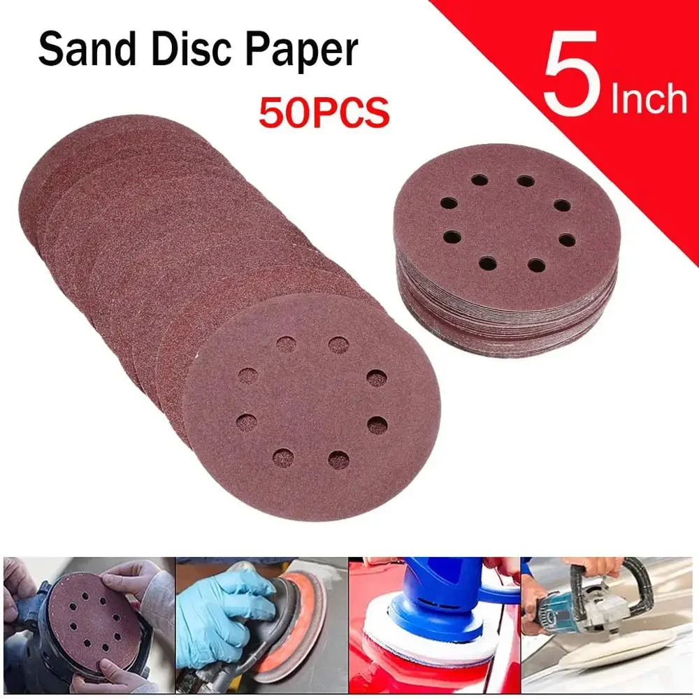 

50pcs 5 Inch 8 Hole 80/120/180/240/320 Grit Sanding Polishing Sheets Disc Random Orbit Hook and Loop Sandpaper Sand Paper Round