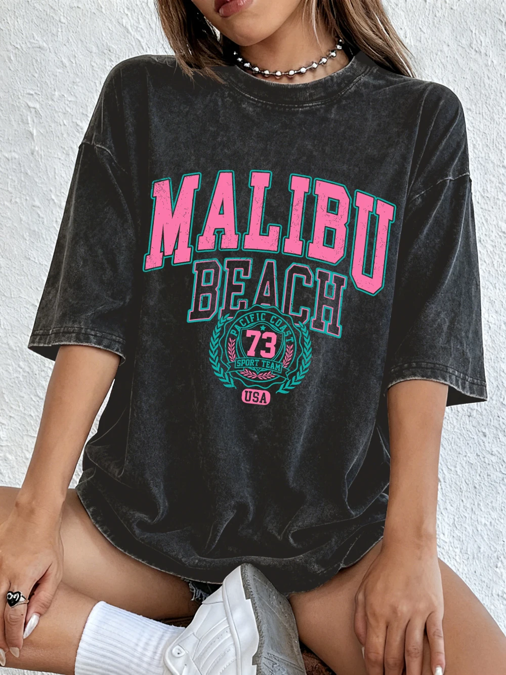 2026 Malibu Strand Brief Drucke Gewaschen T-Shirt Baumwolle Frauen Übergroßen T Shirt Casual Oansatz Kurzarm Tops Neue Frau Kleidung