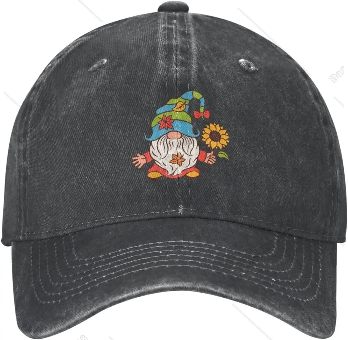 Gnome Sunflower Cute Distressed Adjustable Washed Denim Mens Dad Trucker Hat Baseball Ball Cap for Men