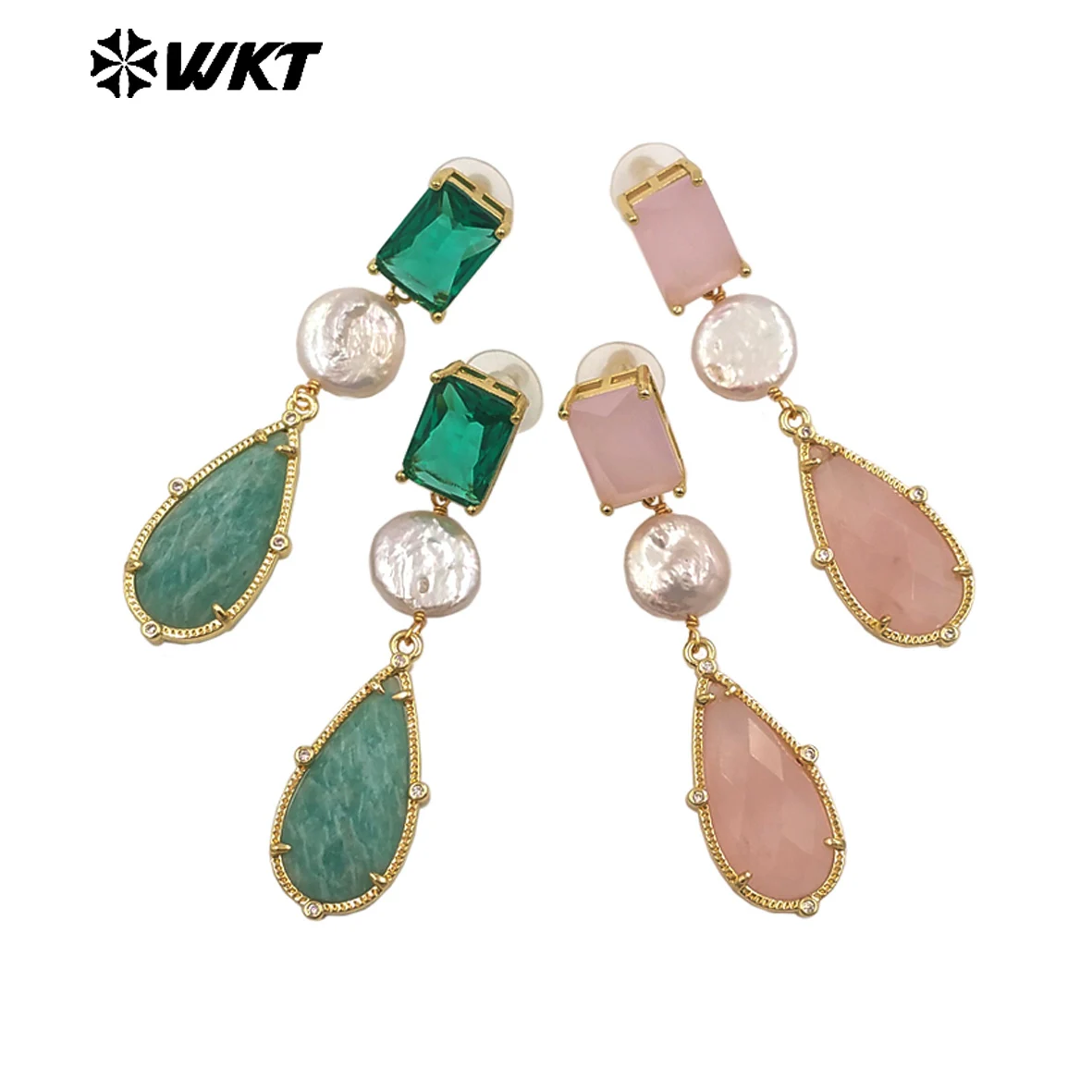 ME121 Wholesale Gold Plated Women Gemstones Earrings Jewelry Natural Amazonite Stone Waterdrop Shape Romantic Ladies Gift