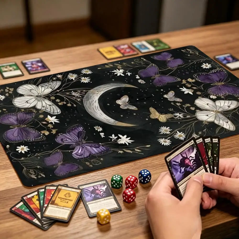 Purple Butterfly Crescent Moon Floral Gothic Playmat Dark Starry Sky TCG Card Game Mat  Rubber Table Pad For Magic The Gathering