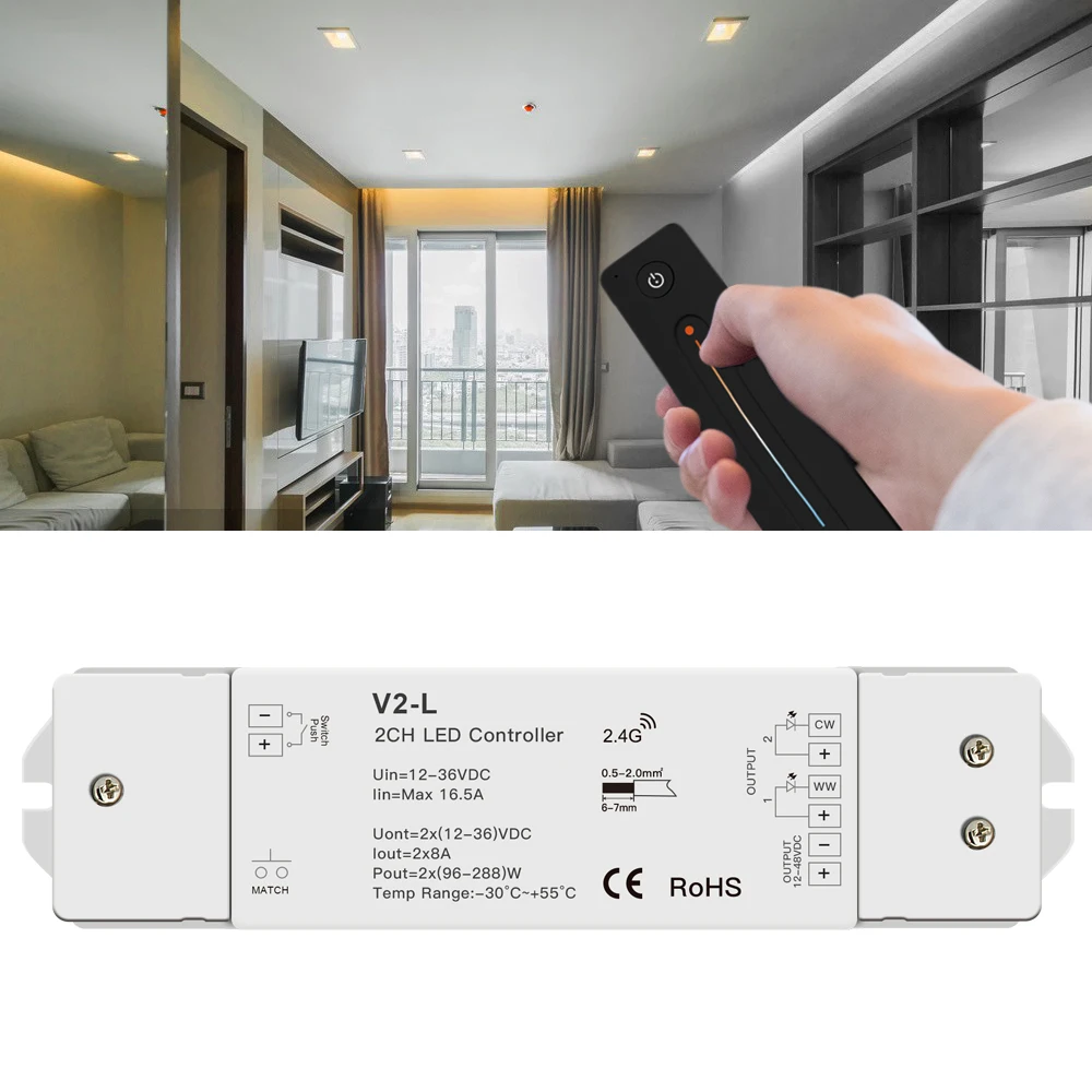 WW CW V2-L ثنائي اللون LED باهتة 12-48 فولت 2 قناة RF 2.4G لاسلكي للتحكم عن بعد CCT شريط إضاءة أبيض مزدوج المنتج الأصلي