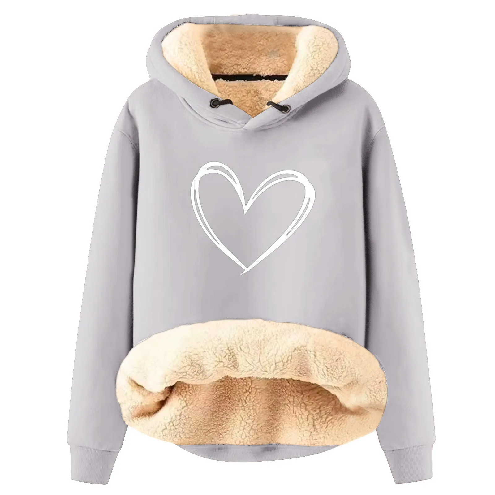 Winter Heart Print Hoodies Fleece-lined Thicken Women\'s Warm Sweatshirt Lady Casual Loose Hooded Pullover Warm Hoodie Tops