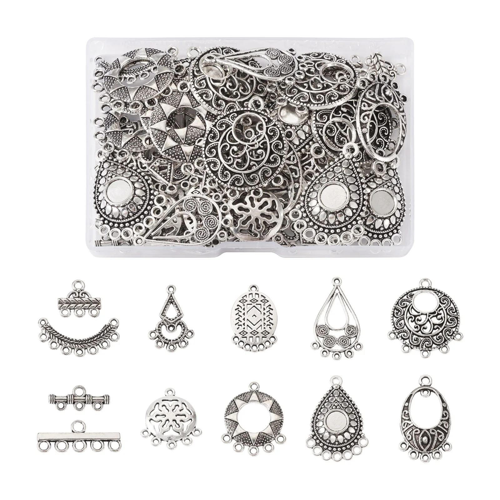 

72Pcs Antique Silver Color Tibetan Style Charms Alloy Chandelier Component Links for Jewelry Making DIY Dangle Earrings Necklace