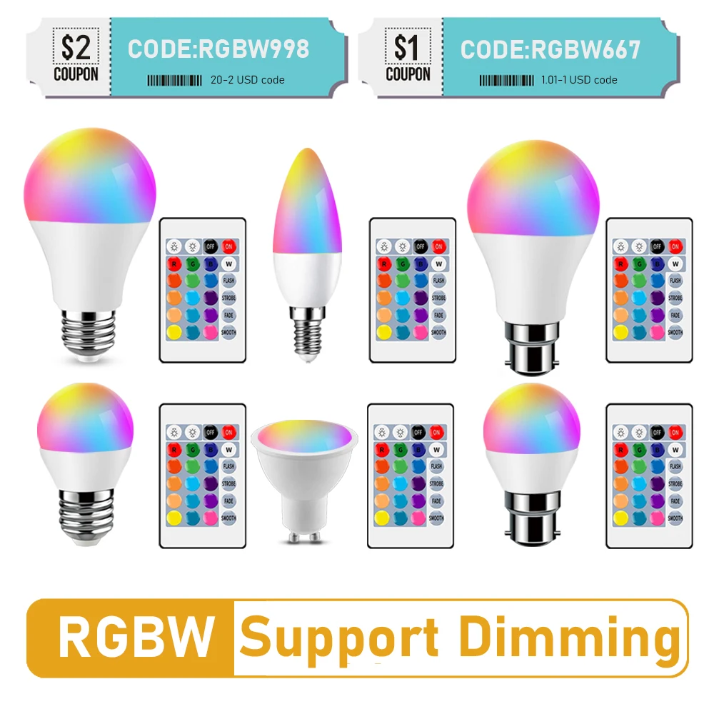 LED RGB Lamp Spotlight Bulb E27 E14 GU10 B22 AC120 AC220V Bombillas LED 6W 10W IR Remote Control Led Smart RGBW Lamp Home Decor