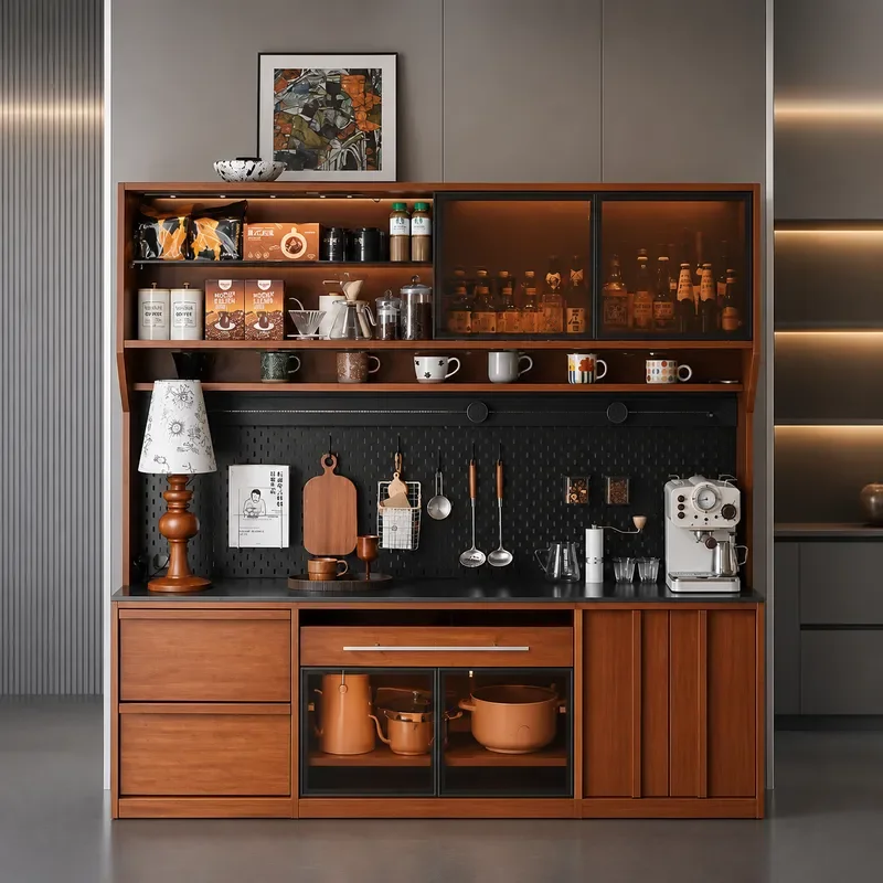 Retro Solid Wood Dining Side Cabinet Integrated Storage Unit Wall Mounted Living Room Locker Medieval Style Tea Cabinet