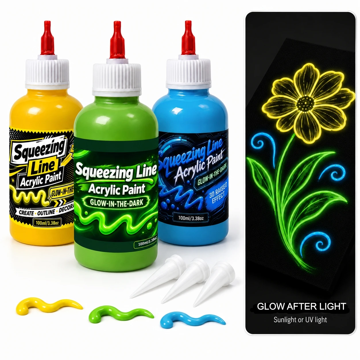Glow-in-the-Dark Acrylic Squeeze Line Paste, Ultra-Fine Tip, Strong Long-Lasting Glow for Precise Graffiti & Art Painting Projec
