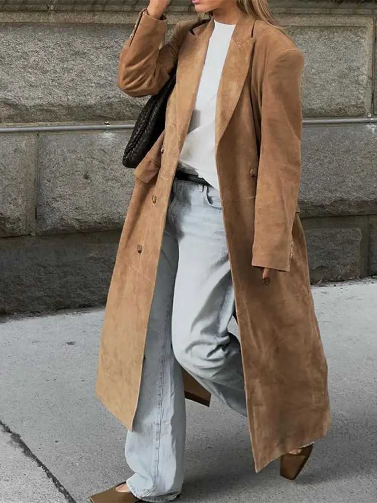 Woman Fashion Khaki Lapel Long Coats Fashion Double Breasted Full Sleeve Jacket With Pocket 2024 Autumn Lady Commute Windbreaket