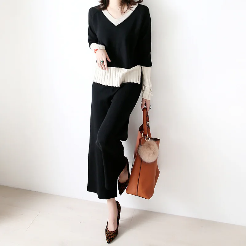 Two Piece Knitted Pullover Sets Women Winter Sweater and Loose-fitting Pants Suits Ladies Elegant Casual Female Outfits T763