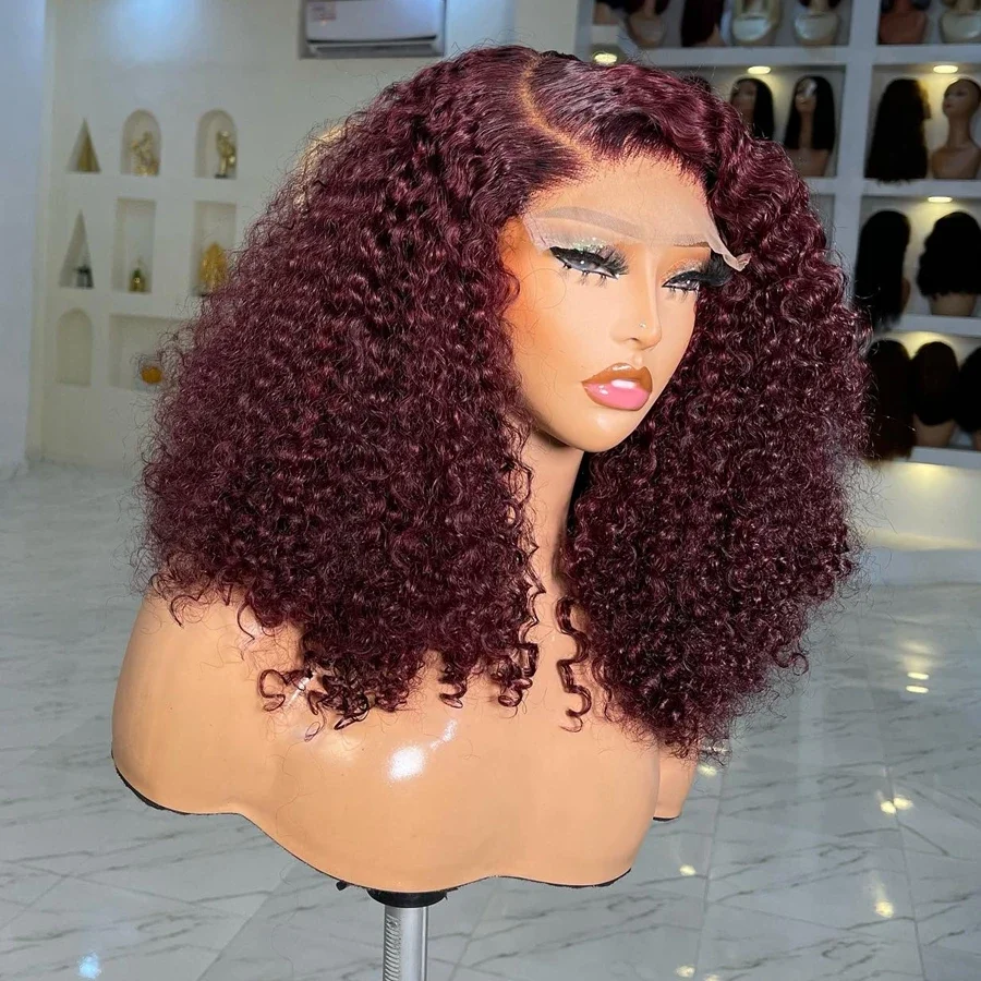 99j Glueless 180Density 26 inch Long Burgundy Kinky Curly Lace Front Wig For Women BabyHair Preplucked Heat Resistant Daily