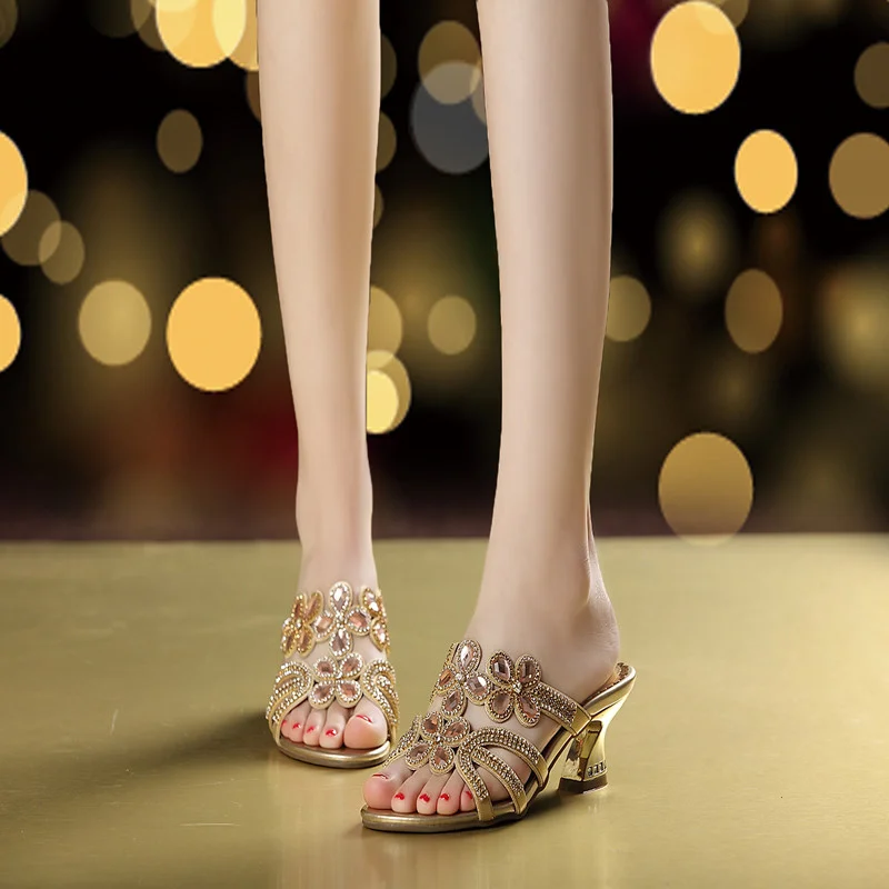 Cute Sweet Diamond Crystal Mid Heel Open Toe Sandals Women's Casual Gold Party Nightclub Sexy Comfortable Sandals