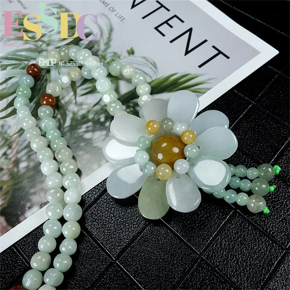 Natural Jade Sunflower Hand Woven Necklace Bead Jewelry Women's Three Color Sweater Chain Retro Classic Personality