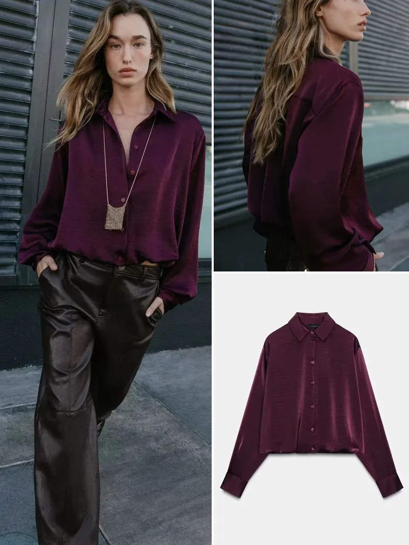 

Повседневная женская блузка из шелковистого атласа с длинным рукавом, свободного кроя, модная, с одной пуговицей, молодежная, для повседневной носки