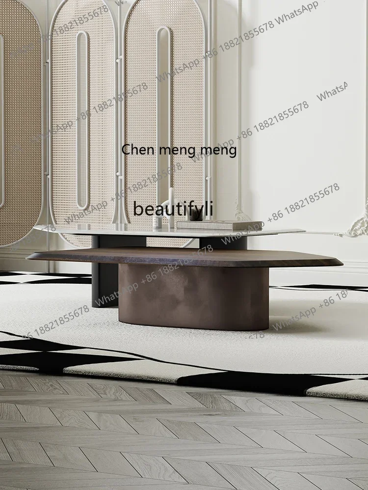 

E153 Natural Marble Coffee Table Modern Light Luxury Smoked Wood Leather Living Room Shaped Designer Combined Tea Table