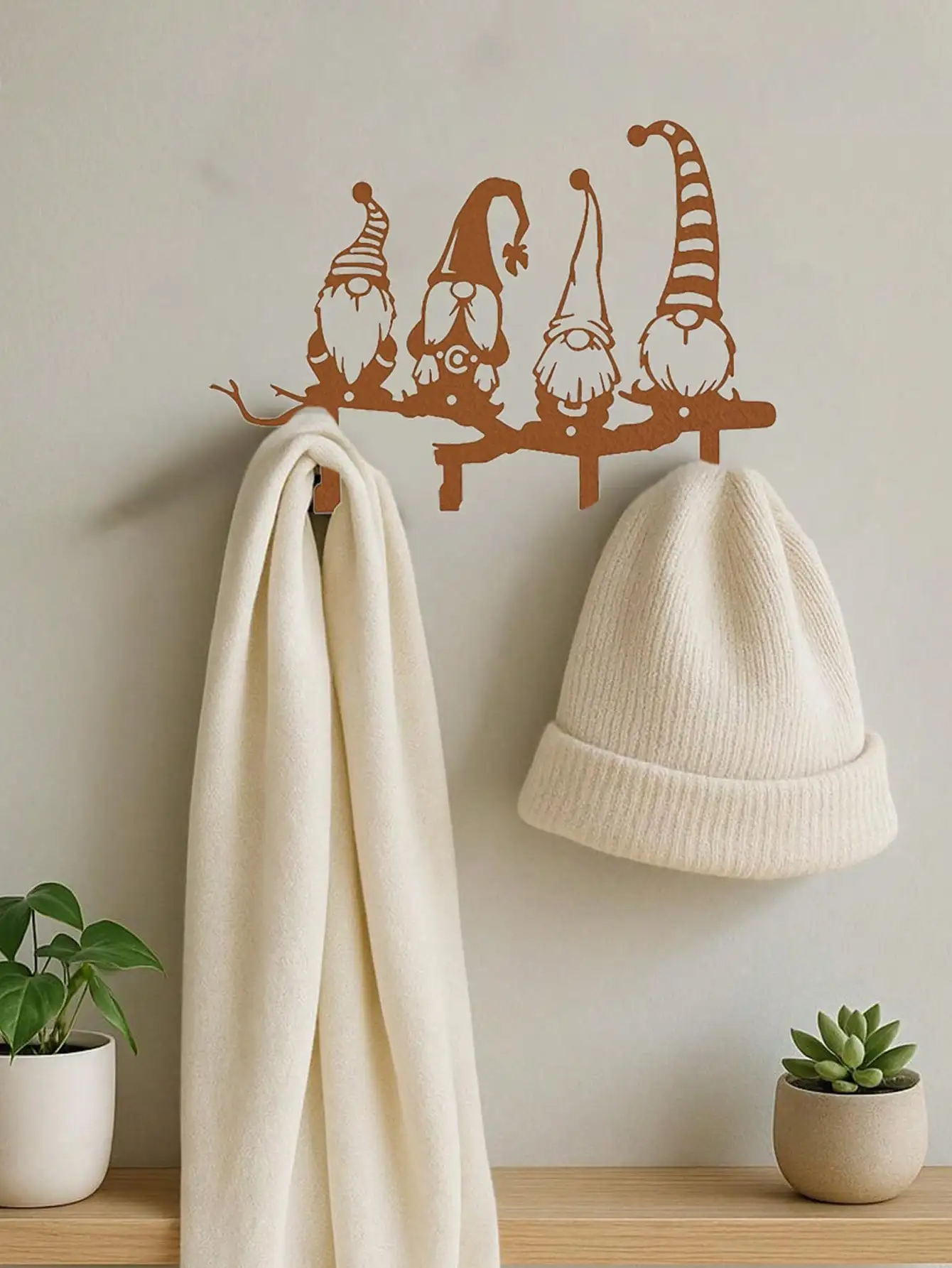 1pc Keychain Wall Art, Rustic 4 Hooks Rack with Mushroom & Mustache Pattern, Distressed Rust Finish