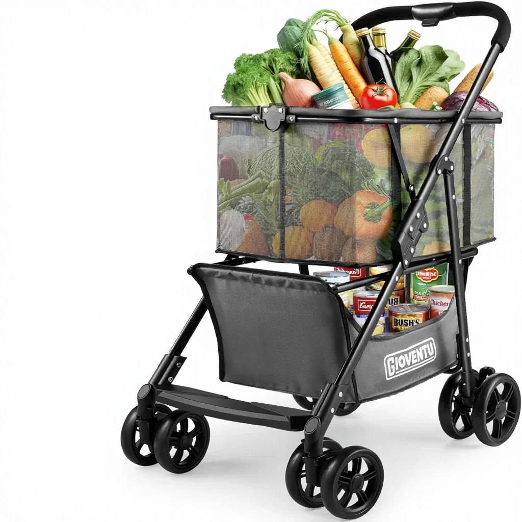 Improved Version Folding Shopping Cart 80lbs Collapsible Removable Basket Swivel Wheels One-Hand Fold Portable Shopping Cart