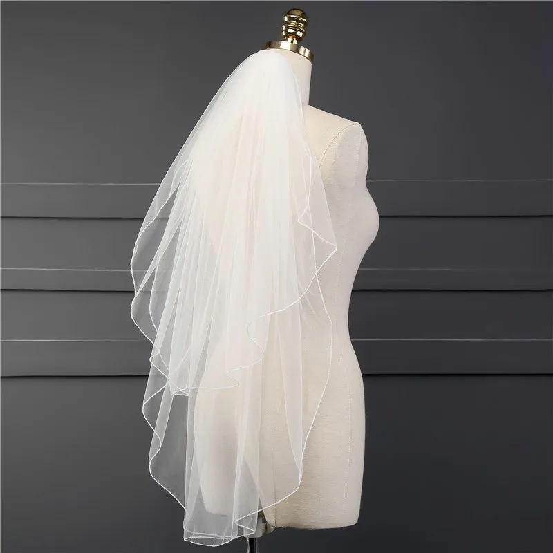 White Tulle Wedding Veil Ribbon Edge Bridal Veil Lace Simple All-match Accessories Short/Trailing/Single/2/3 Layers Cheap