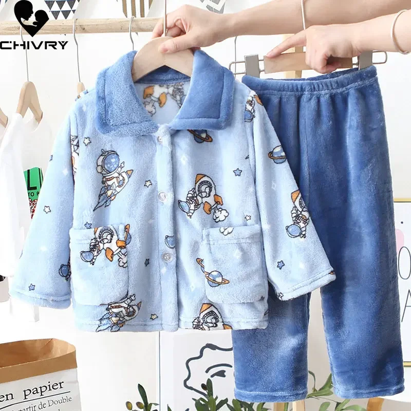 Crianças meninos meninas outono inverno flanela pijama conjuntos bonito dos desenhos animados manga longa lapela tops com calças roupas de dormir do