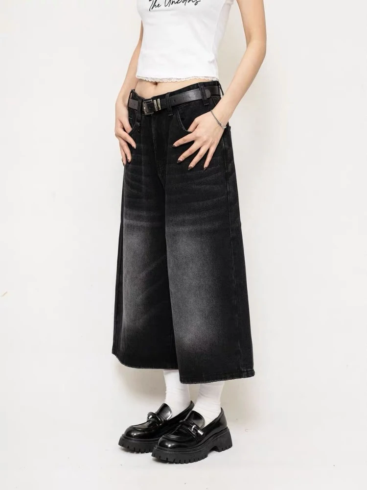 HOUZHOU Y2k Vintage Long Jorts Women Black Baggy Washed Cropped Jeans Wide Leg Denim Shorts Korean Streetwear Grunge Oversized