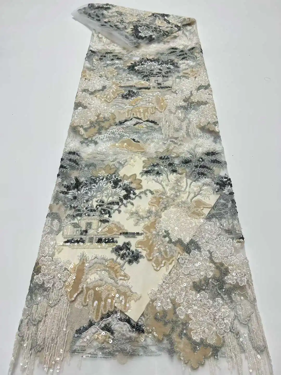 Newest Africa Lace Fabric High Quality  Handmade EMbroidery Beaded Net Lace with Shining Sequins Party wedding Dress