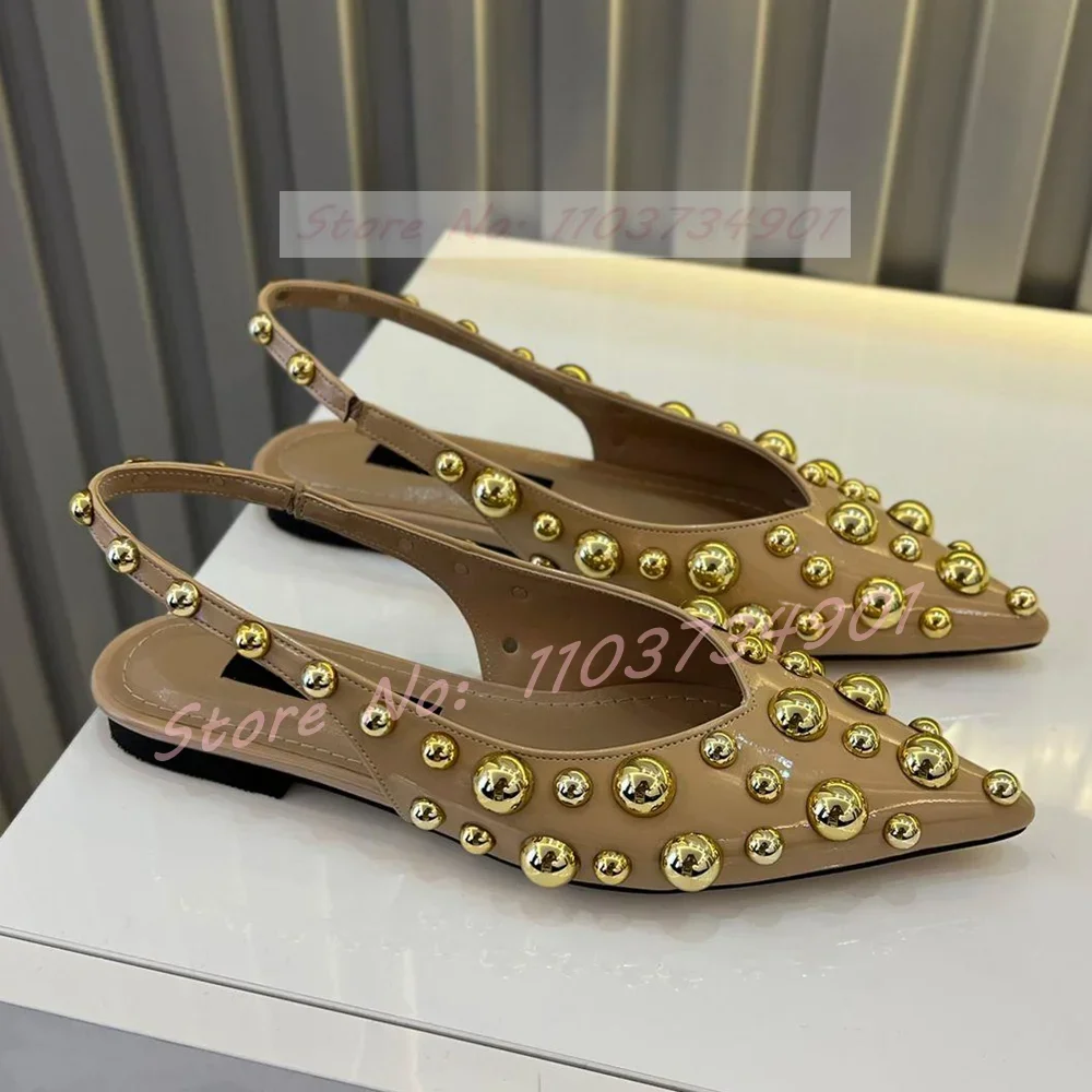 Round Rivet Pointy Toe Flat Sandals Women Fashion Classy Casual Low Heels Sandals Ladies Party Patent Leather Big Size Shoes