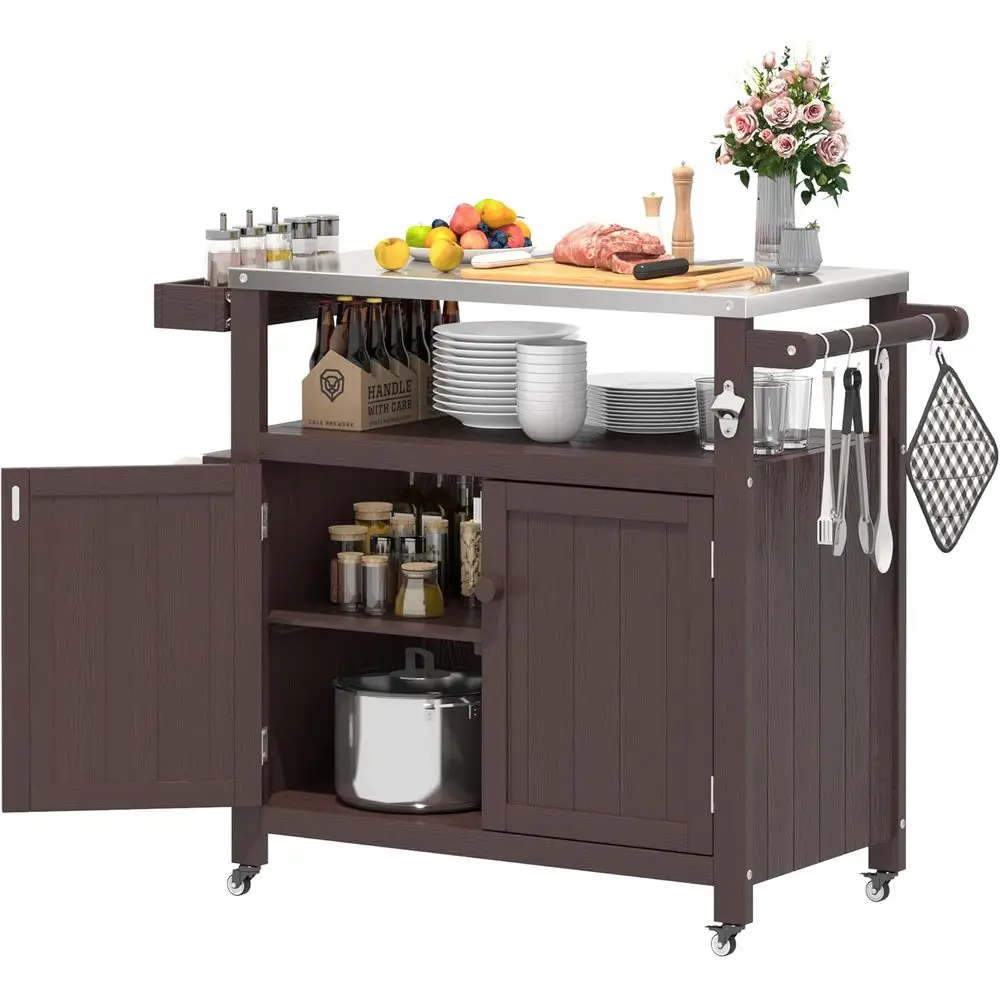 

Портативный уличный кухонный остров со столешницей из нержавеющей стали и местом для хранения вещей, идеально подходит для приготовления барбекю и вечеринок, коричневый