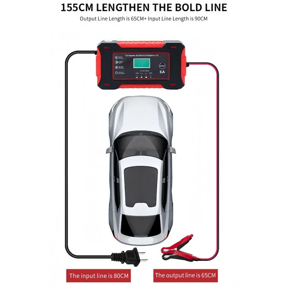 12V 6A Motorcycle Battery Charger Intelligent Charging Battery Repair Function Lead-Acid Battery Charger LCD Display Compact