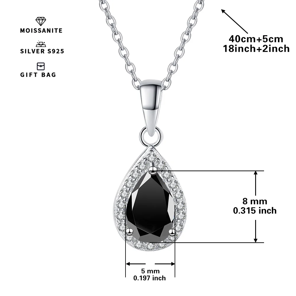 S925 silver plated platinum inlaid with pear-shaped Black GRA Moissanite Necklace Sweet Pendant Simple Clavicle Chain for women