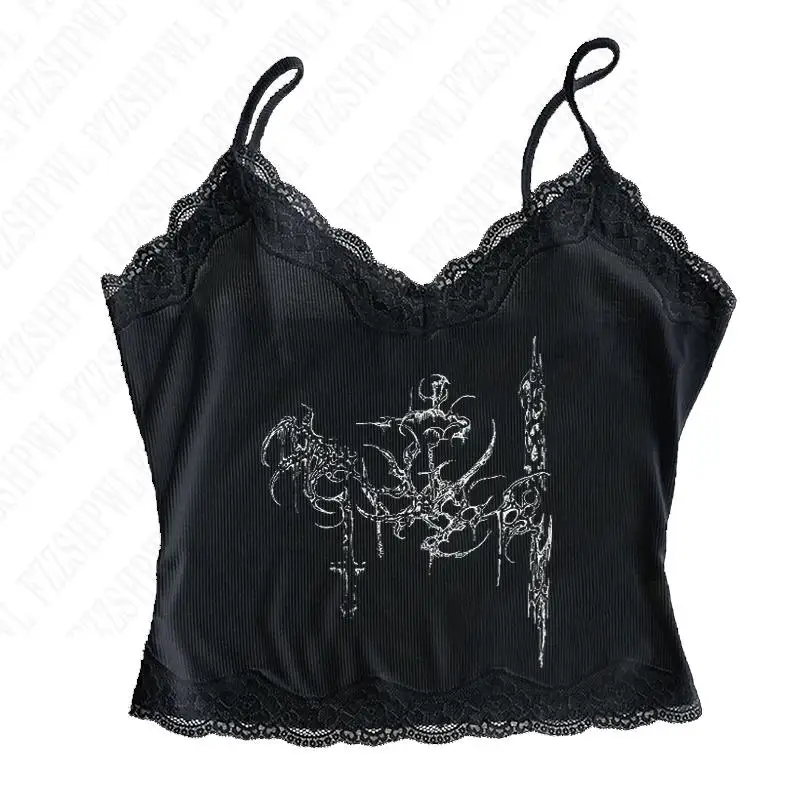 Soft Harajuku Pattern Lace Punk Gothic Crop Tops Aesthetic Singlet Printing Daily Female Y2K Woman's Classic Fashion Halter tops