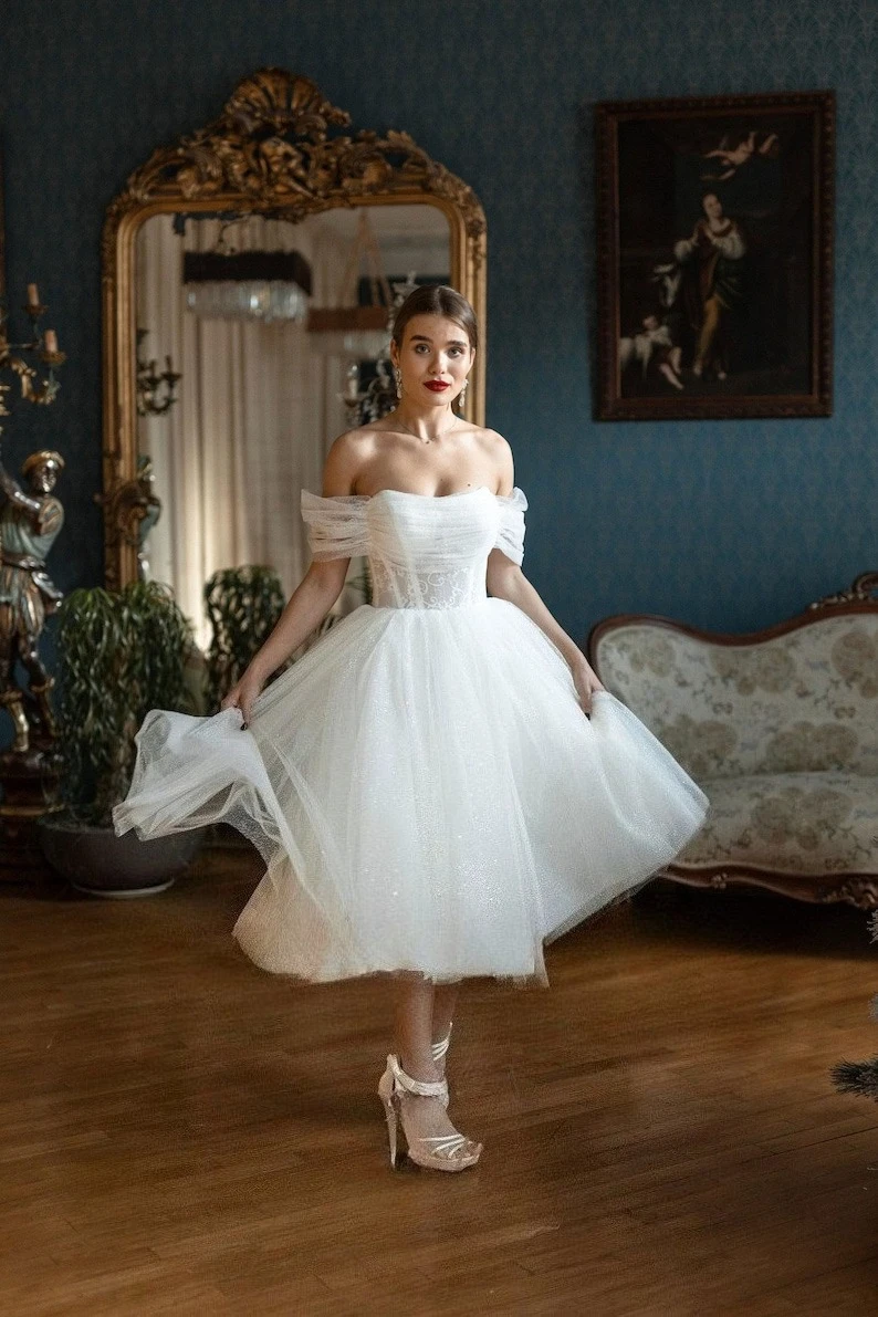 Elopement Dresses Tea Length Bridal Short Wedding Dress Off The Shoulder Tulle Sparkling Dresses Simple A Line Dress Wedding