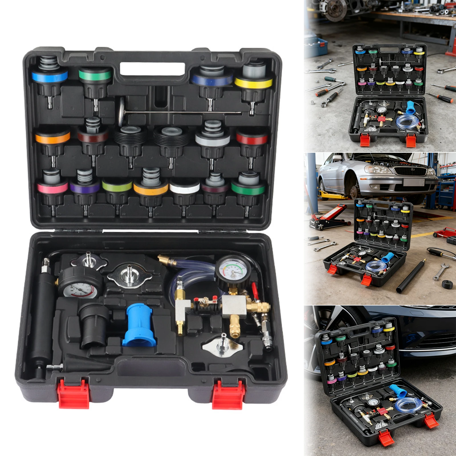 

Radiator Pressure Tester 28-Piece Universal Fit Vacuum Filling Kit Radiator Pump Pressure Tester Kit for Car Motorcycle Truck