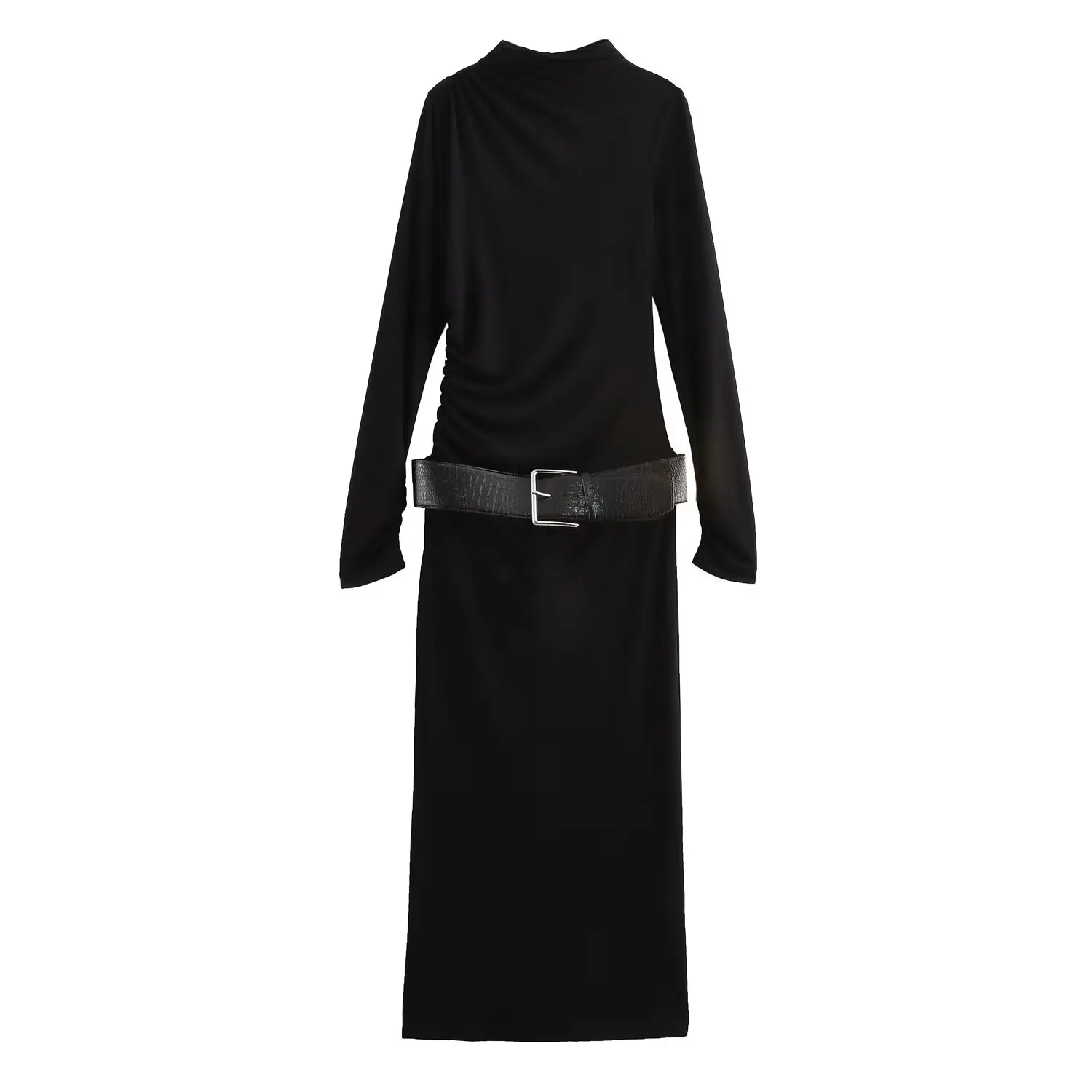 

TRAFZA Women's Fashion Versatile Solid Belted Pleated Slim Dress Female Temperament Elegant High Street Long Sleeve Casual Dress