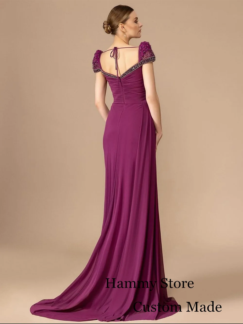 Grape Purple Evening Dress Short Sleeves V Neck Pleat Beading Sequined High Split Chiffon Mermaid Prom Dresses Saudi Party Gown