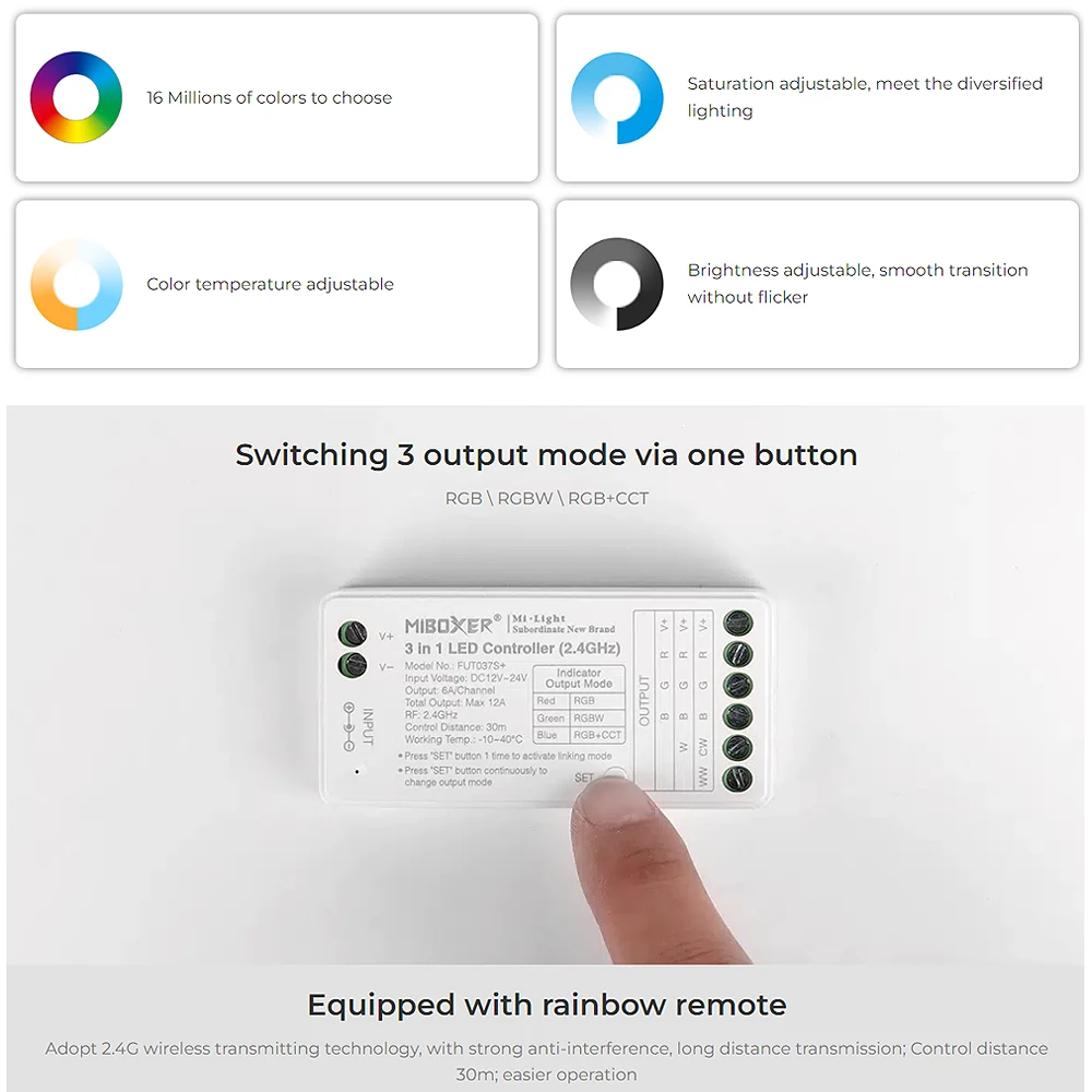 Miboxer FUT037SA + DC12-24V 2,4 GHz 3w1 Rainbow regulowana jasność pilot zdalnego sterowania do taśmy LED RGB/RGBW/RGBCCT
