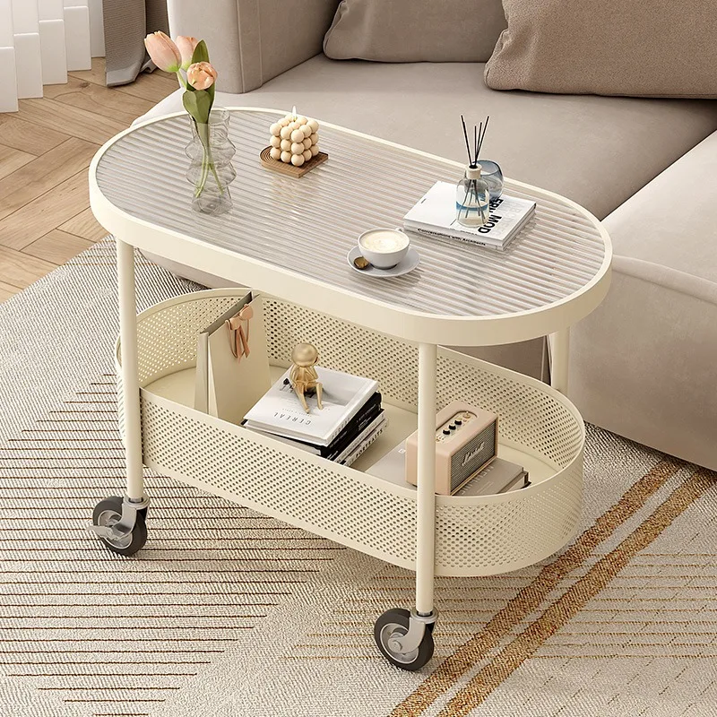 Cream wind removable sofa side cabinet bedside tempered glass trolley rock slab small coffee table