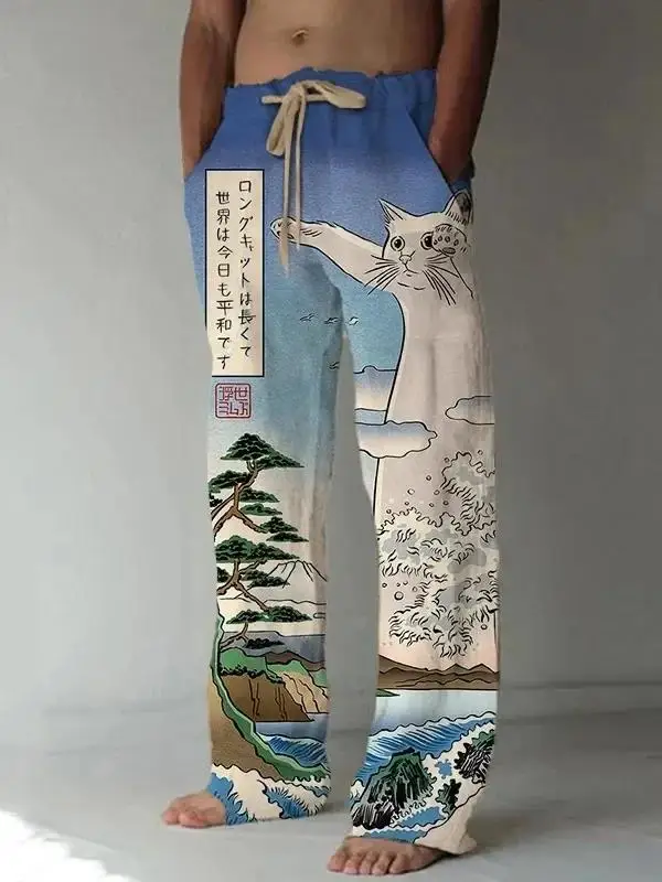 Unisex-Hose mit japanischem Samurai-Katzen-Print und weitem Bein, Harajuku Hipster Sommer-Streetwear-Jogginghose für Männer und Frauen – Detail 3