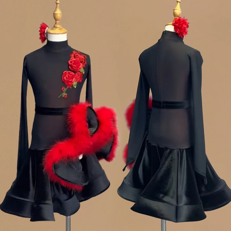 High End Red Feather Rose Flowers Latin Dance Competition Dress Long Sleeves Black Fishbone Girls Women Rumba Dance Dress L18005