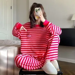 Plus Size Ins Trend Pajamas Women Spring Rainbow Striped Loose Long-sleeved Pullover Trousers Suit Student Dormitory Loungewear