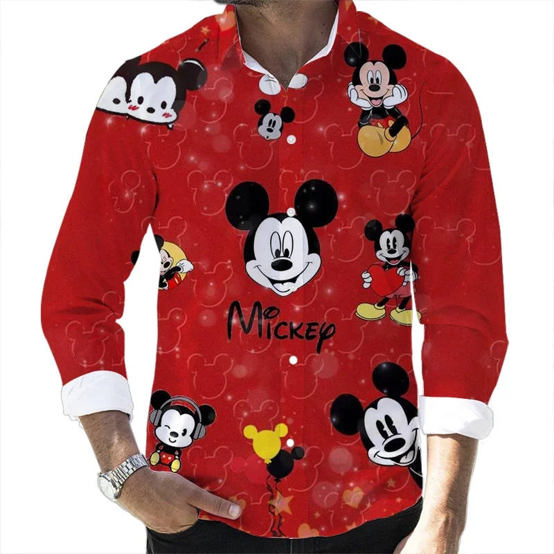 2023 Fall Hot Sale Casual Button Long Sleeve Shirt Disney Mickey Donald Duck and Goofy 3D Full Print Fashion Men\'s Lapel Top