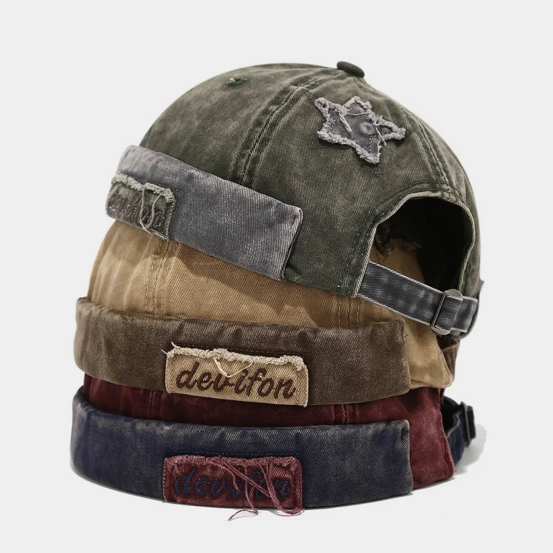 American Trendy Brand Retro Color Block Washed Landlord Cap Unisex Hip Hop Star Pattern Skullcap Brimless Beanie