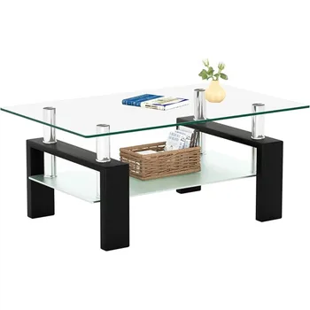 Image Rectangle Glass Coffee Table 2-Tier Tea Table Modern Side Coffee Table for Living Room