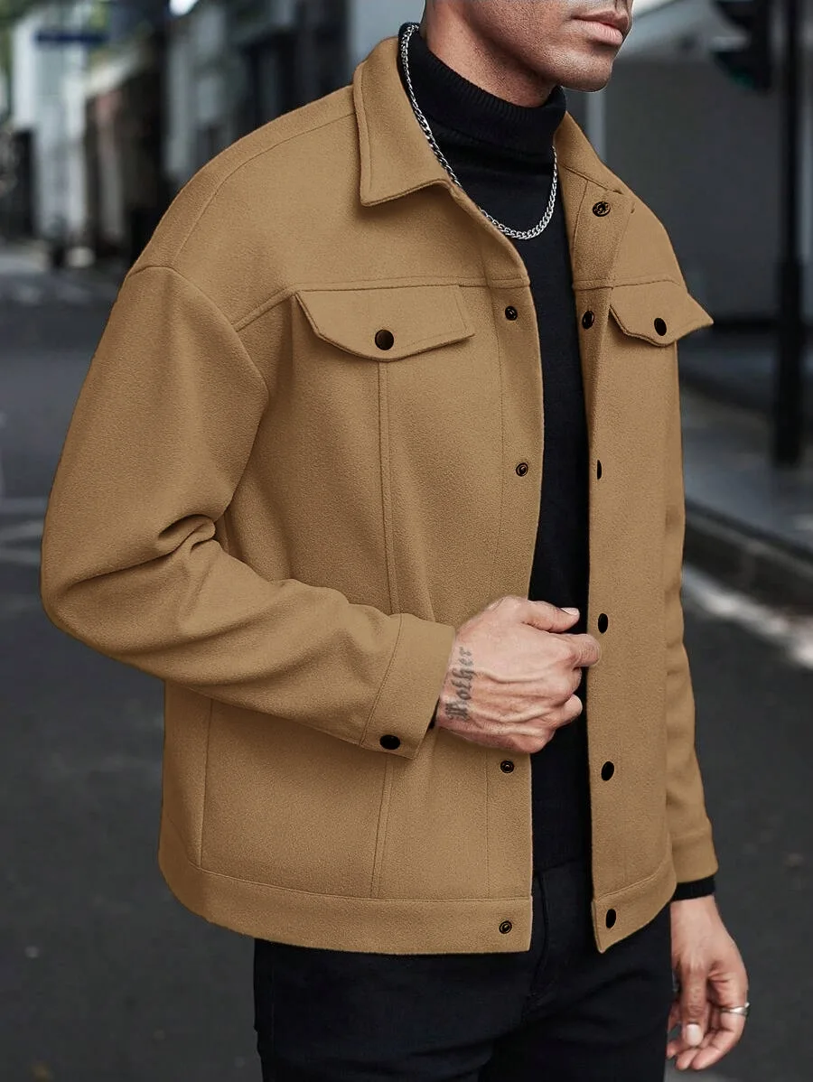 Men Wool Blend Lapel Work Jacket Faux Double Chest Pockets Button Loose Casual Street Coat Spring Autumn Winter Daily Outerwear view 4