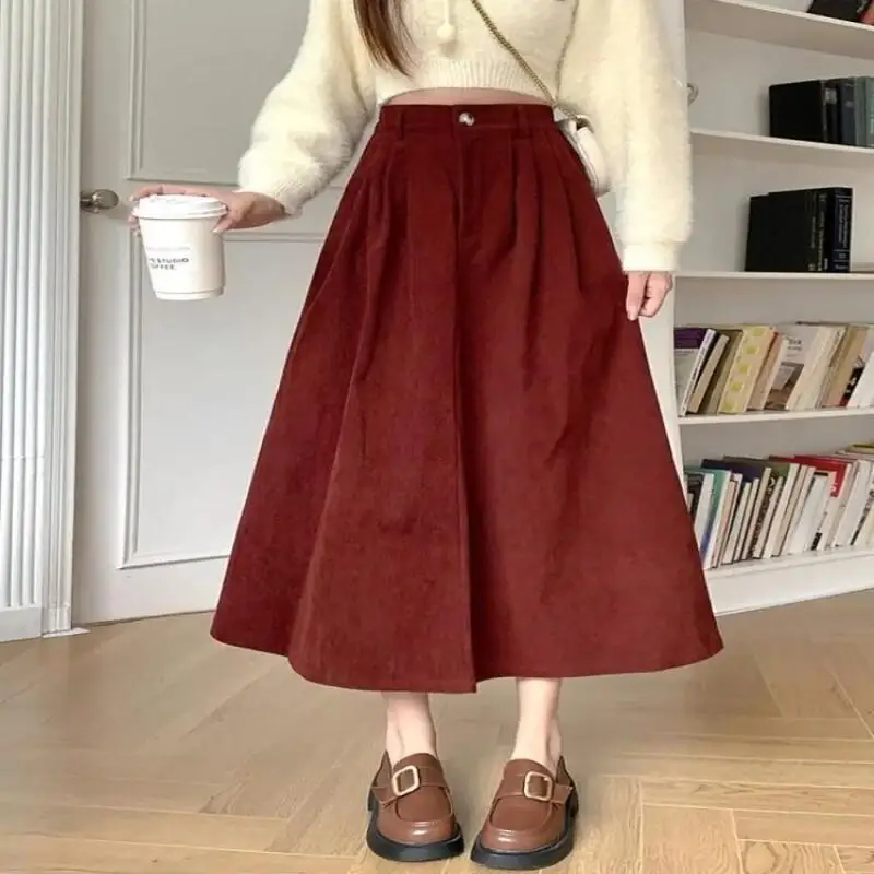 レトロコーデュロイスカート女性ハイウエストミディ A ラインプリーツスカートミニマリスト黒スカート女性のためのカジュアル秋冬ファッション