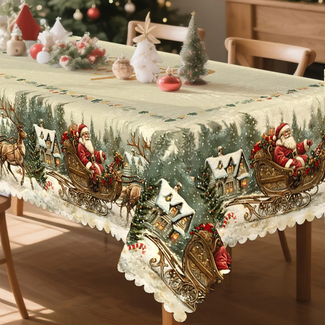 VIKAMA Vintage Christmas Tablecloth Cream Santa Sleigh Reindeer Snowy Cottage Forest Washable Rectangle Table Cover for Dining