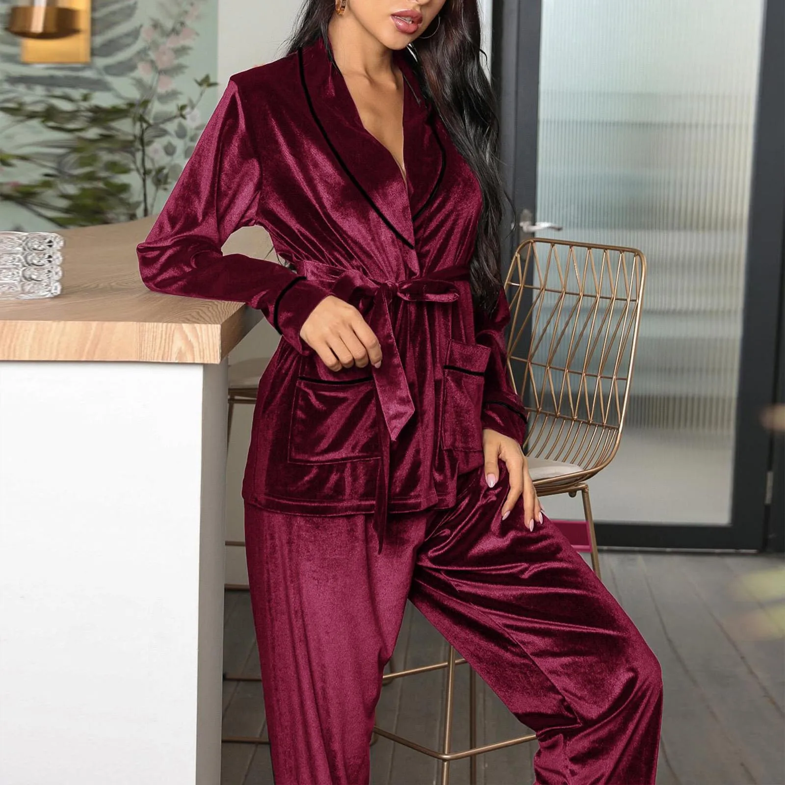 Winter Red Wine Women’S Pajama Set 2 Piece Fleece Bathrobe Loungewear Belt Sleepwear Sleeping Nightwear Set Night Suit Home Wear