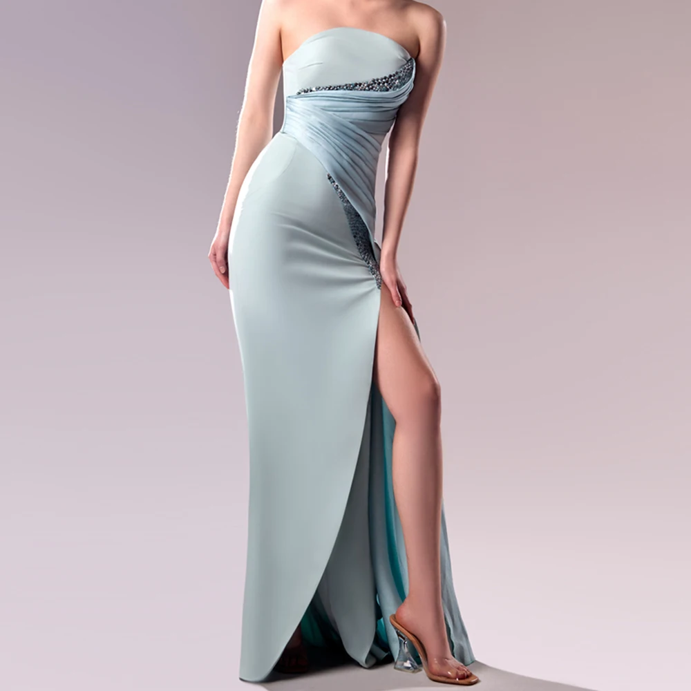 

Customized Elegant Straight Floor Length Strapless Jersey Sleeveless Evening Dress Fashion Photo Color vestidos para mujer
