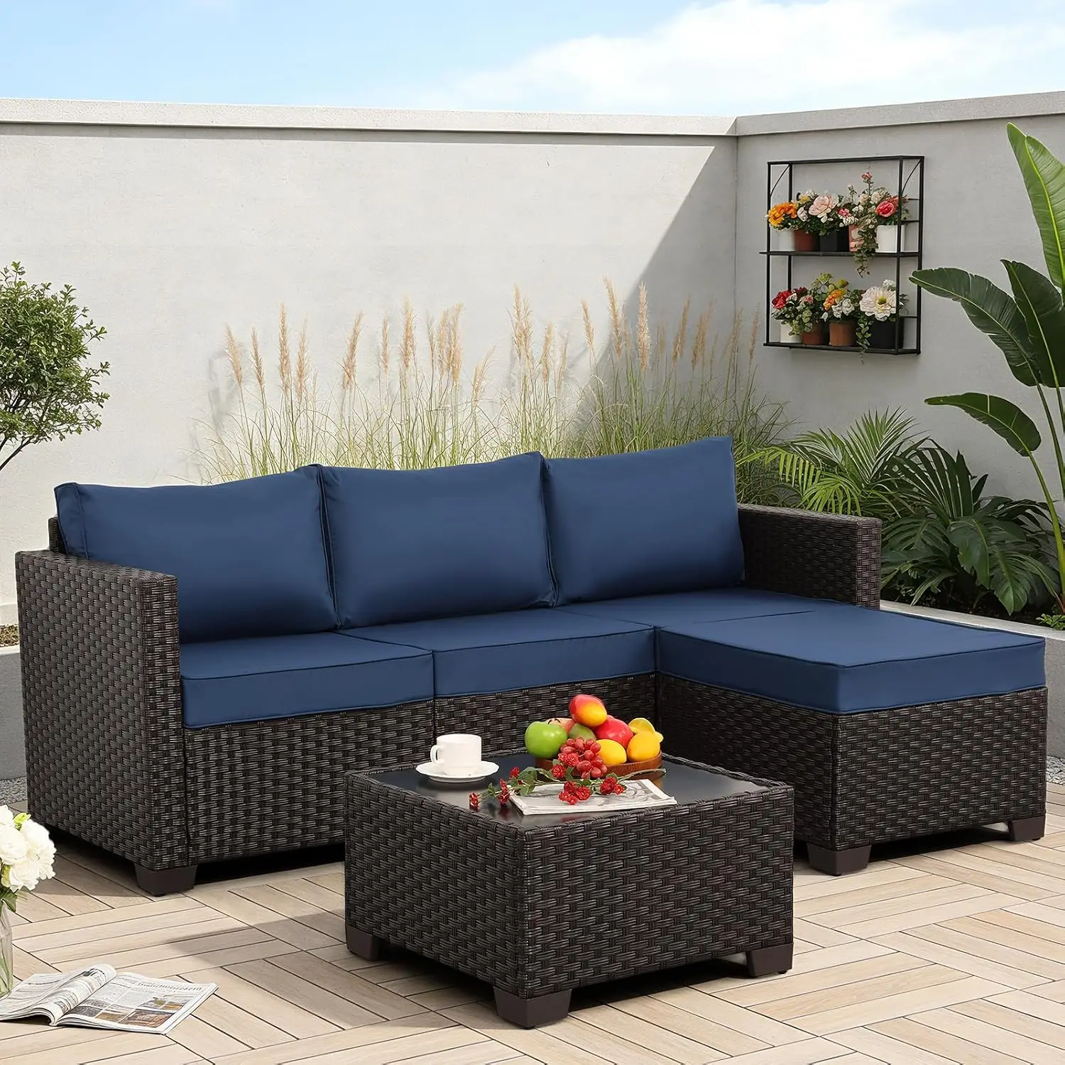 Patio Furniture 3 Pieces Wicker Sectional Sofa Ottoman Glass Table All-weather Cushion Waterproof Cover, Customized