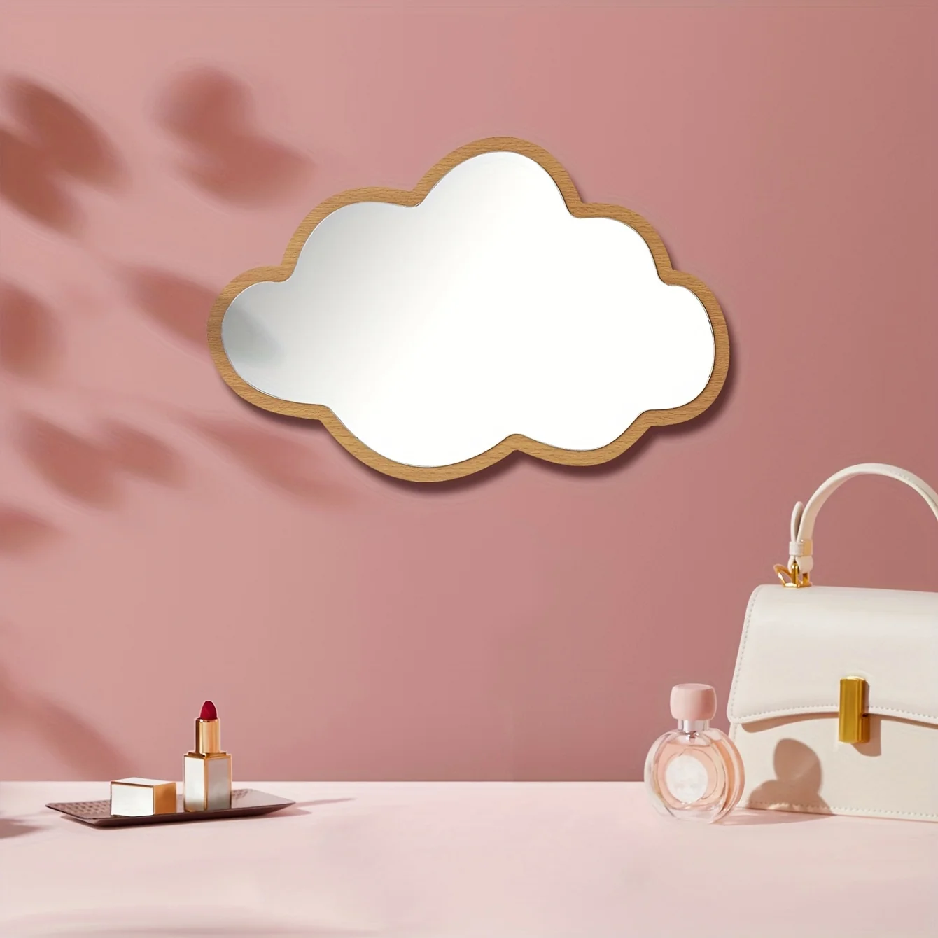 14in Cloud-Shaped Cartoon Acrylic Wooden Mirror Cute Decorative Makeup Mirror In 3 Colors Kindergarten Personal Use Mini Mirror